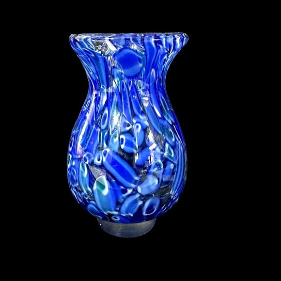Cobalt blue spotted confetti hand blown art glass 5.5” vase smooth pontil - Picture 1 of 5